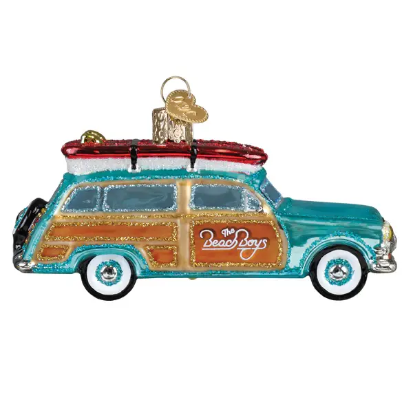 Beach Boys Surfin Woodie glass ornament turquoise wood-paneled wagon with surfboard on top on Tampa Home & Garden Store