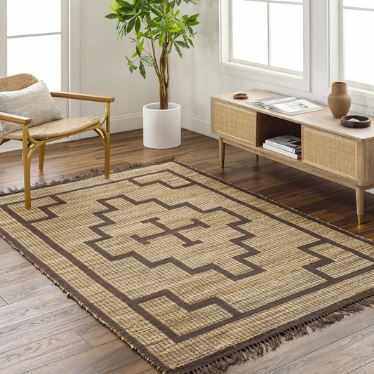 Licha Jute Rug Hand Woven natural beige with dark brown geometric border Boutique Rugs on Tampa Home & Garden Store