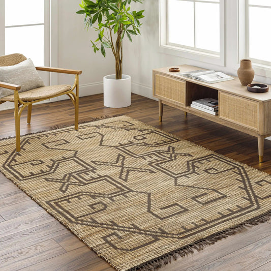 Naoya Jute Rug Hand Woven Taupe with dark geometric border Boutique Rugs on Tampa Home & Garden Store