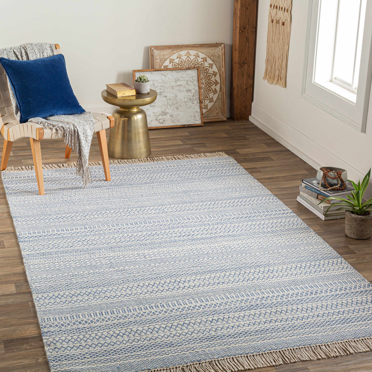 Sanc Blue/Cream Flatweave Wool Rug by Boutique Rugs blue/cream pattern on wood floor on Tampa Home & Garden Store