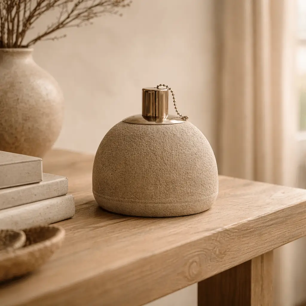 Sandstone oil lamp with hand hewn stone, copper cap and chain on a light wooden table on Tampa Home & Garden Store