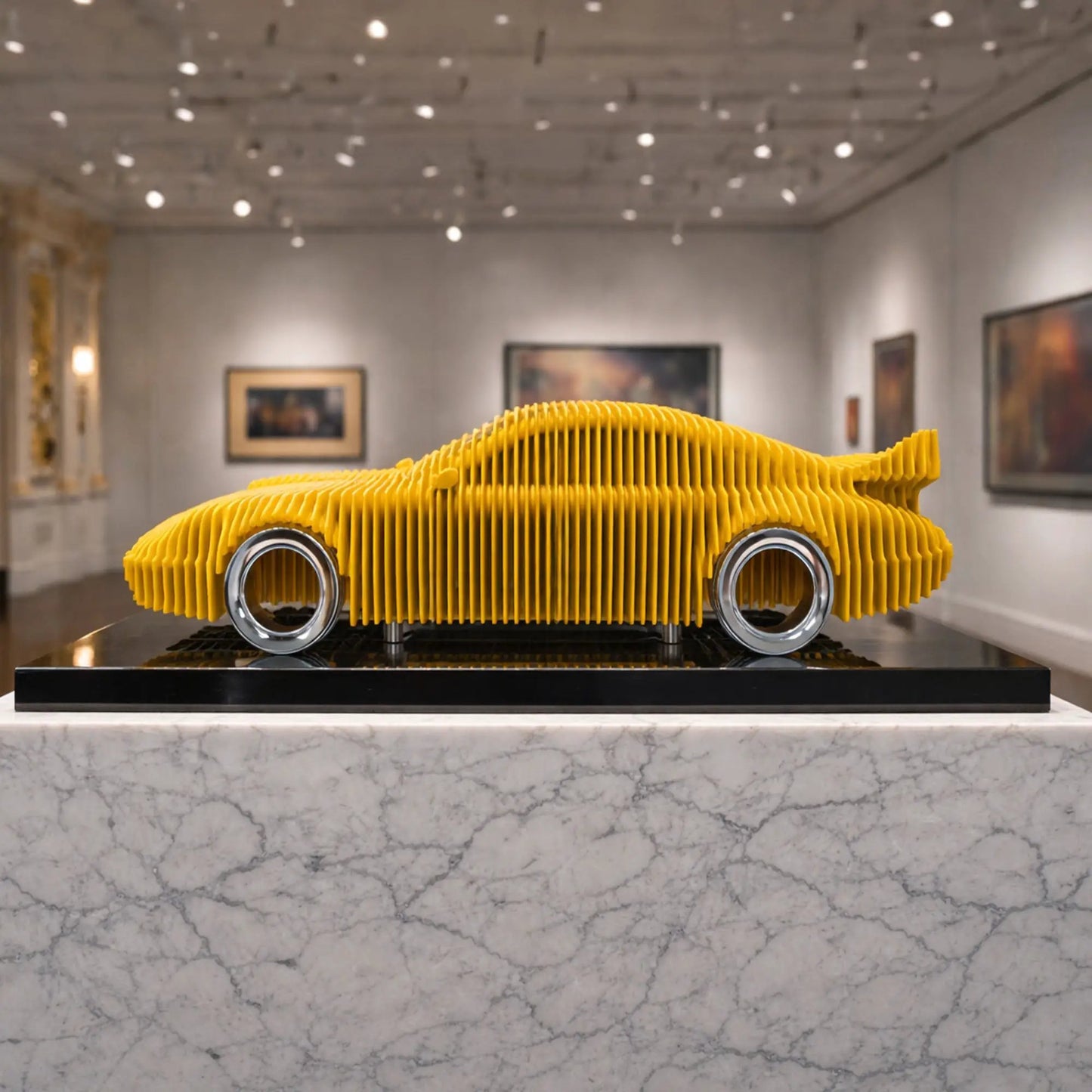 Elegant 911 Metal Car Sculpture MT1496 by Modello Turbo, yellow ribbed body with chrome wheels on Tampa Home & Garden Store