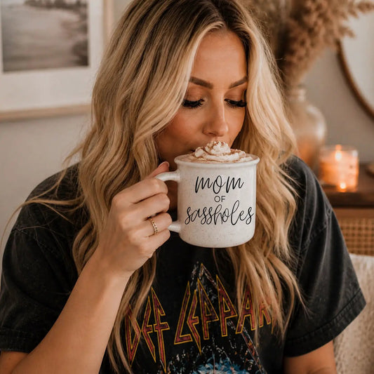 Mom Of Sassholes mug by Gia Roma, speckled white ceramic coffee mug on Tampa Home & Garden Store