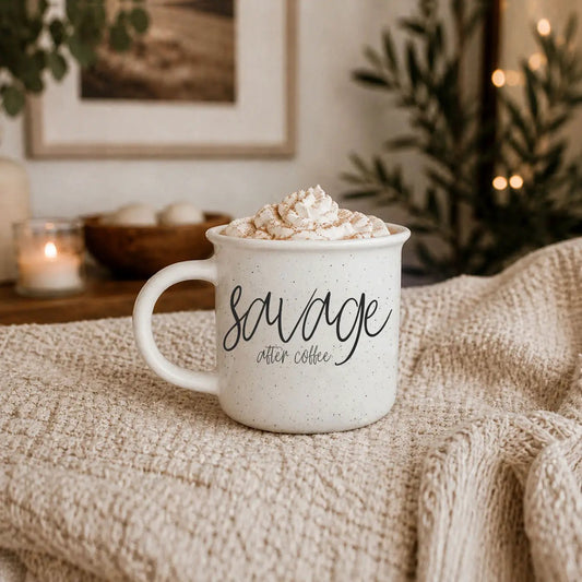 Savage After Coffee ceramic mug white speckled with black script Gia Roma double sided on Tampa Home & Garden Store