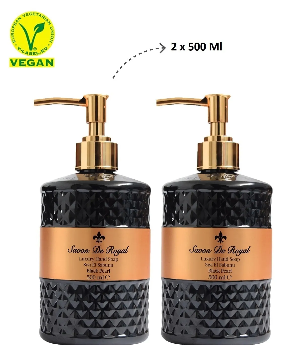 Savon De Royal Luxury Hand Soap Black Pearl 2 x 500 ml bottles with gold pumps vegan on Tampa Home & Garden Store
