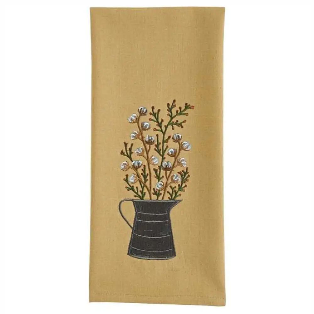 Cotton Blossoms Embroidered Kitchen Dishtowel warm tan with black pitcher and white blossoms on Tampa Home & Garden Store