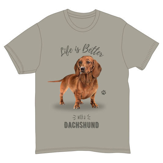 Life Is Better with a Dachshund T-shirt beige tee with dachshund graphic by Country Christmas Loft on Tampa Home & Garden Store