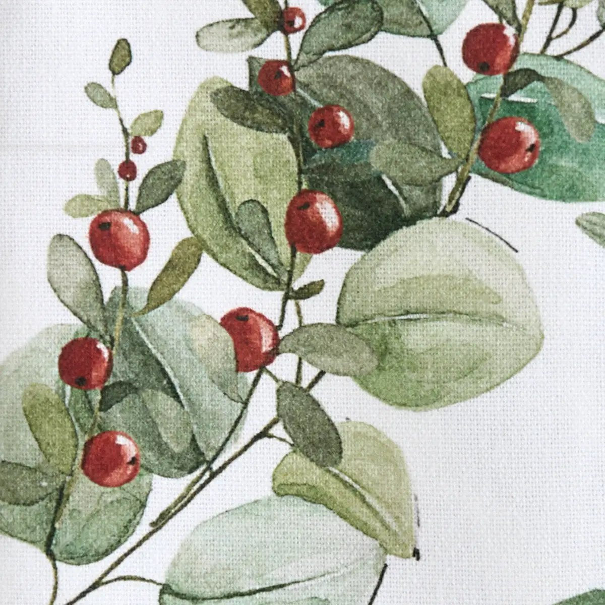 Celebrate the Season botanical print napkin with green leaves and red berries on Tampa Home & Garden Store