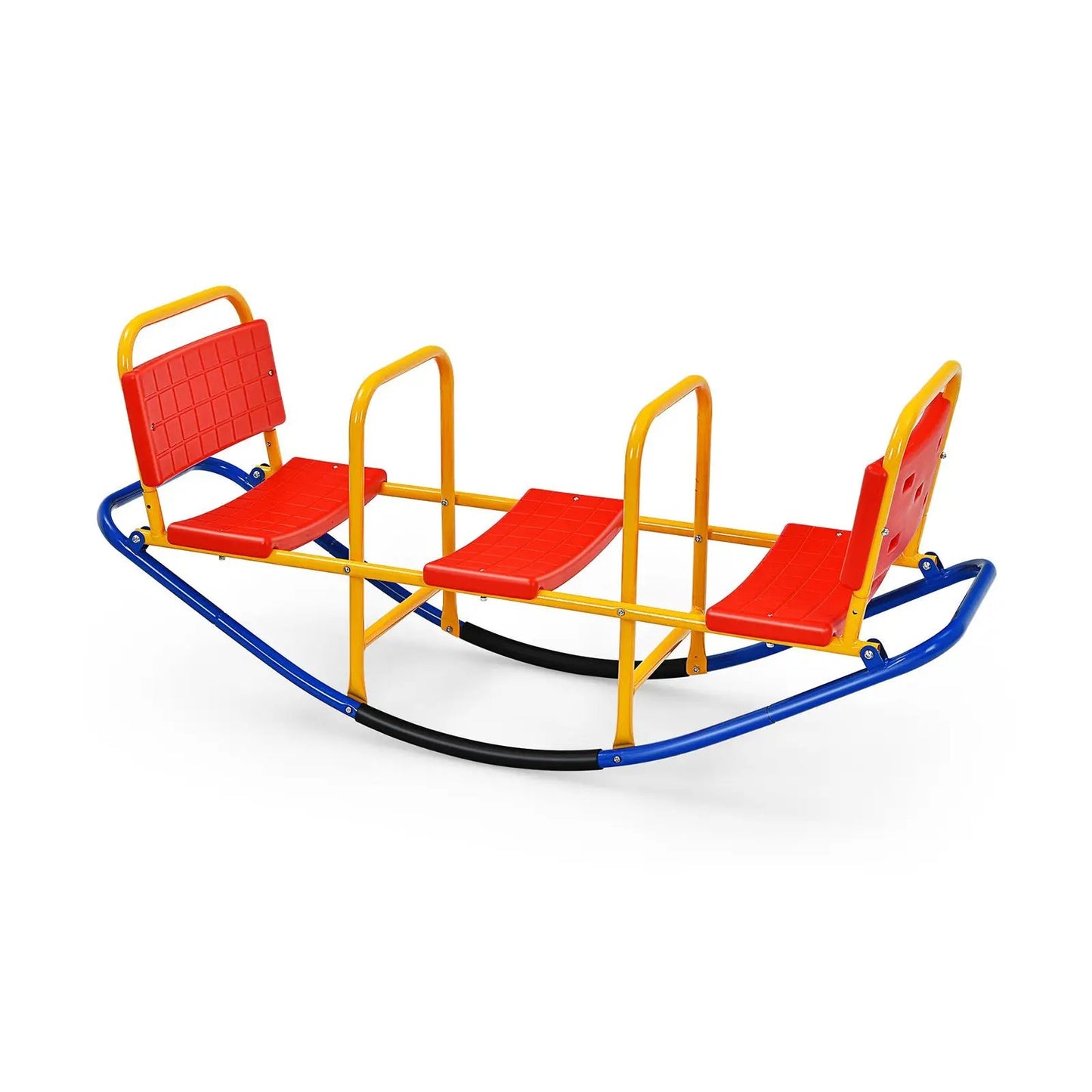 Outdoor Kids Seesaw Swivel Teeter with three red seats, yellow supports and blue frame on Tampa Home & Garden Store