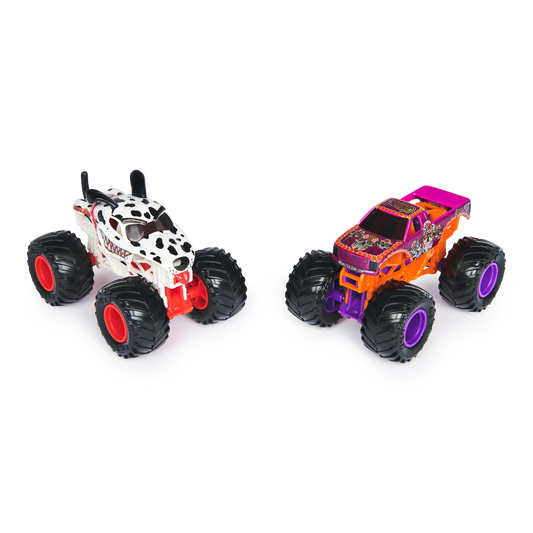 Monster Mutt vs Calavera 1:64 2-pack with Dalmatian Monster Mutt and pink Calavera trucks on Tampa Home & Garden Store