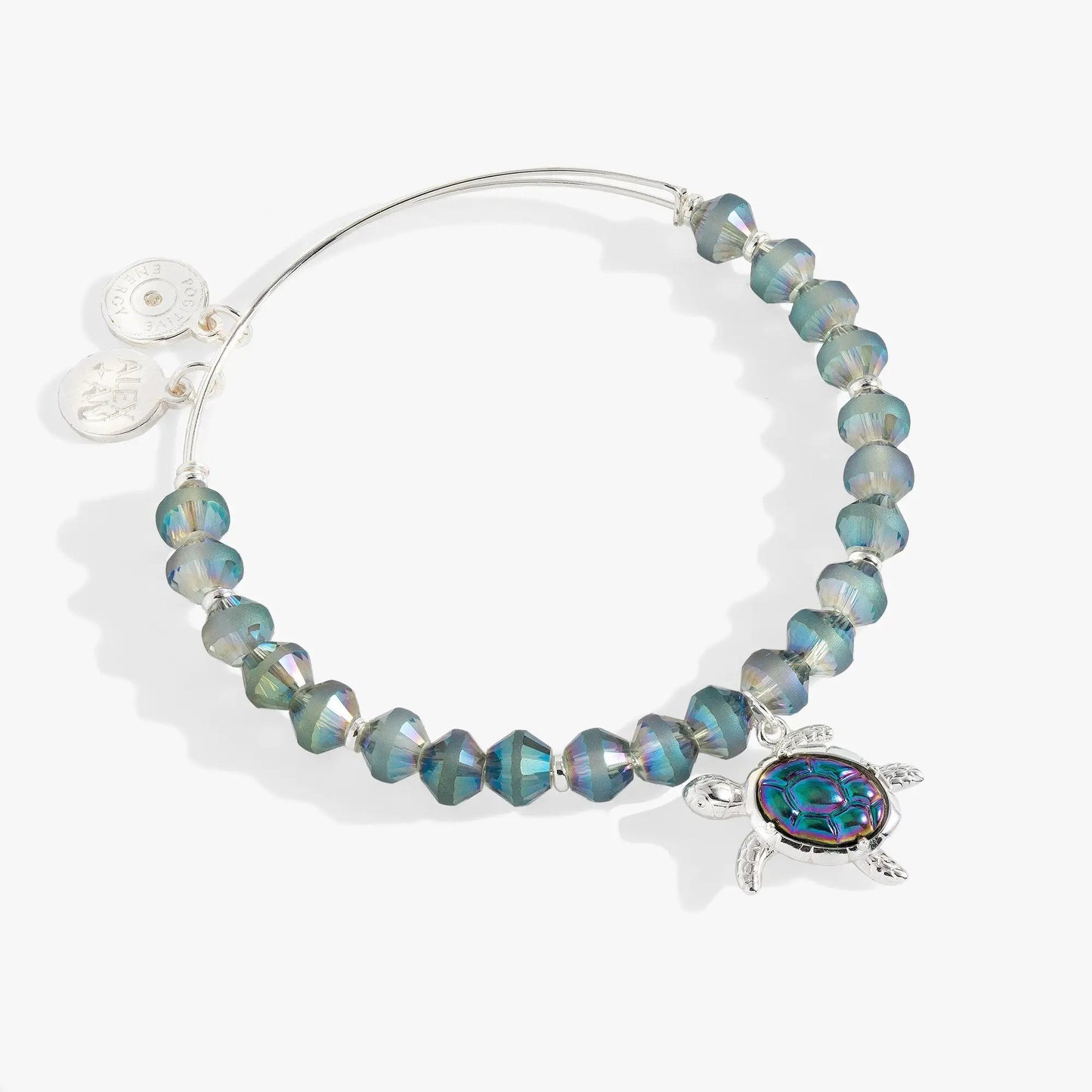 Sea Turtle Beaded Bangle by ALEX AND ANI, blue iridescent faceted beads with turtle charm on Tampa Home & Garden Store
