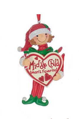 Mom's Favorite Middle Child Girl Ornament, red-green Santa outfit, holds heart sign on Tampa Home & Garden Store