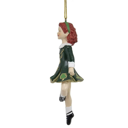 Dancing Irish Girl Ornament in green dress with white cuffs, red hair, shamrock accents on Tampa Home & Garden Store
