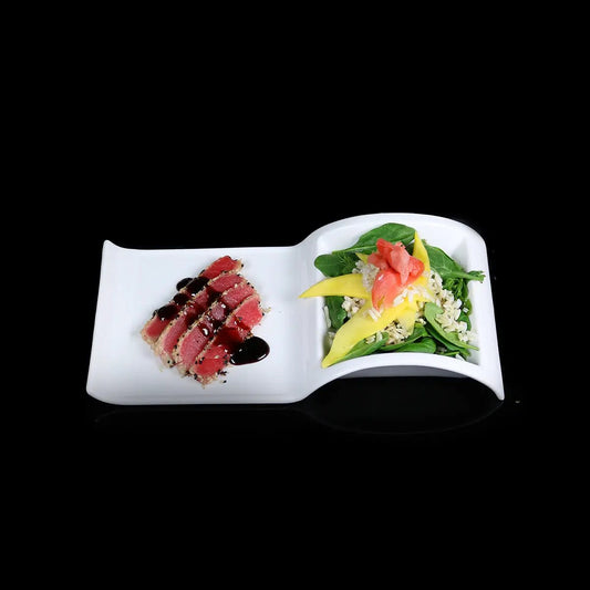 White ceramic sectional salad plate set of four with two sections; tuna and greens on Tampa Home & Garden Store