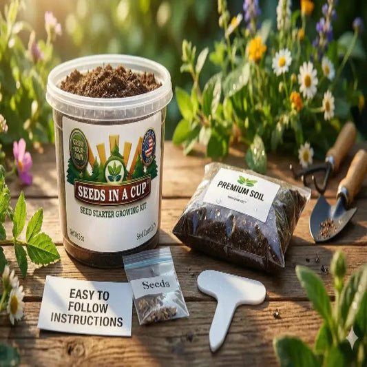 Jasmine seed starter growing kit by Seeds In A Cup with clear jar and soil and seed packets on Tampa Home & Garden Store
