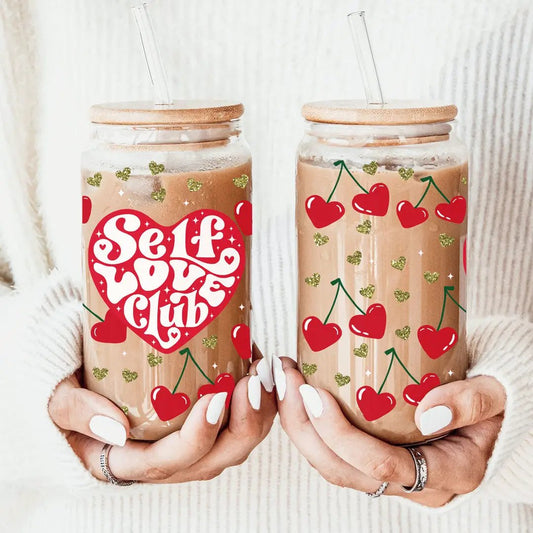 Self Love 20oz Glass Cup with Bamboo Lid, set of 2 with red heart and cherry print, Gia Roma on Tampa Home & Garden Store