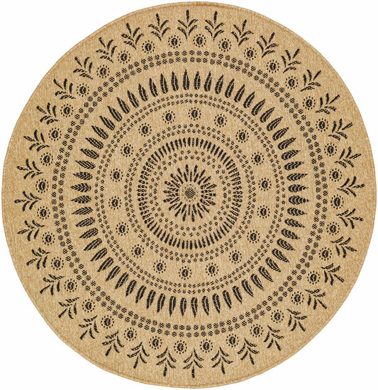 Beata Round Faux Jute Outdoor Rug natural beige with black medallion motif, Boutique Rugs on Tampa Home & Garden Store