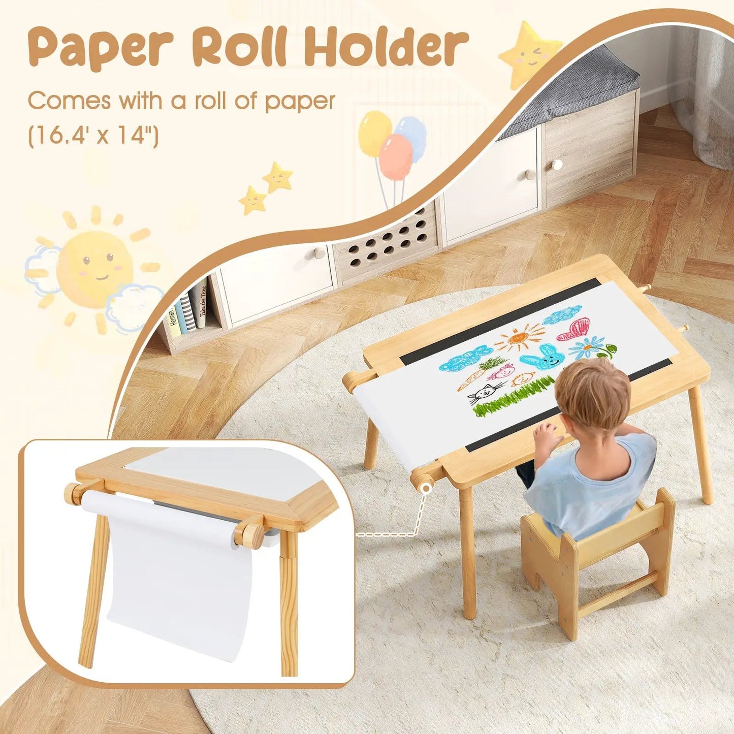Sensory Table and Chair Set for Kids 2-8 with wood frame, paper roll holder, and drawing surface on Tampa Home & Garden Store