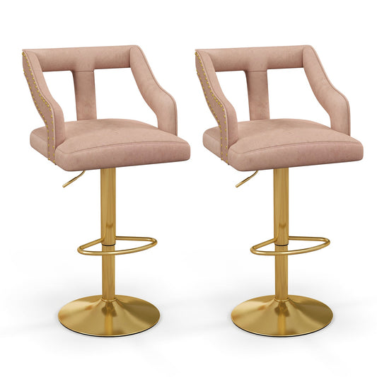 Set of 2 Bar Chairs with Footrest and 2-Layer Electroplated Metal Base-Pink - Tampa Home & Garden Store