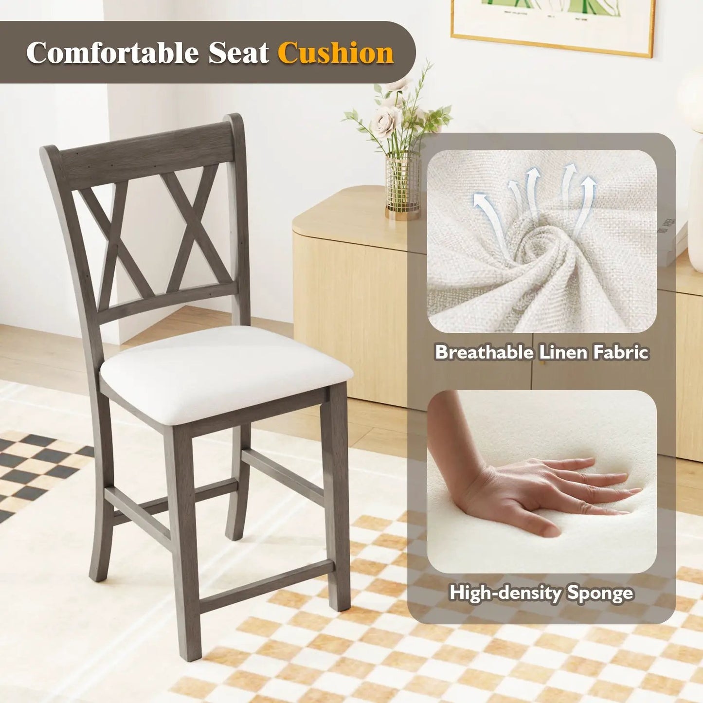 Set of 2 cross-back linen bar stools with graywashed wood frame and white upholstered seats on Tampa Home & Garden Store