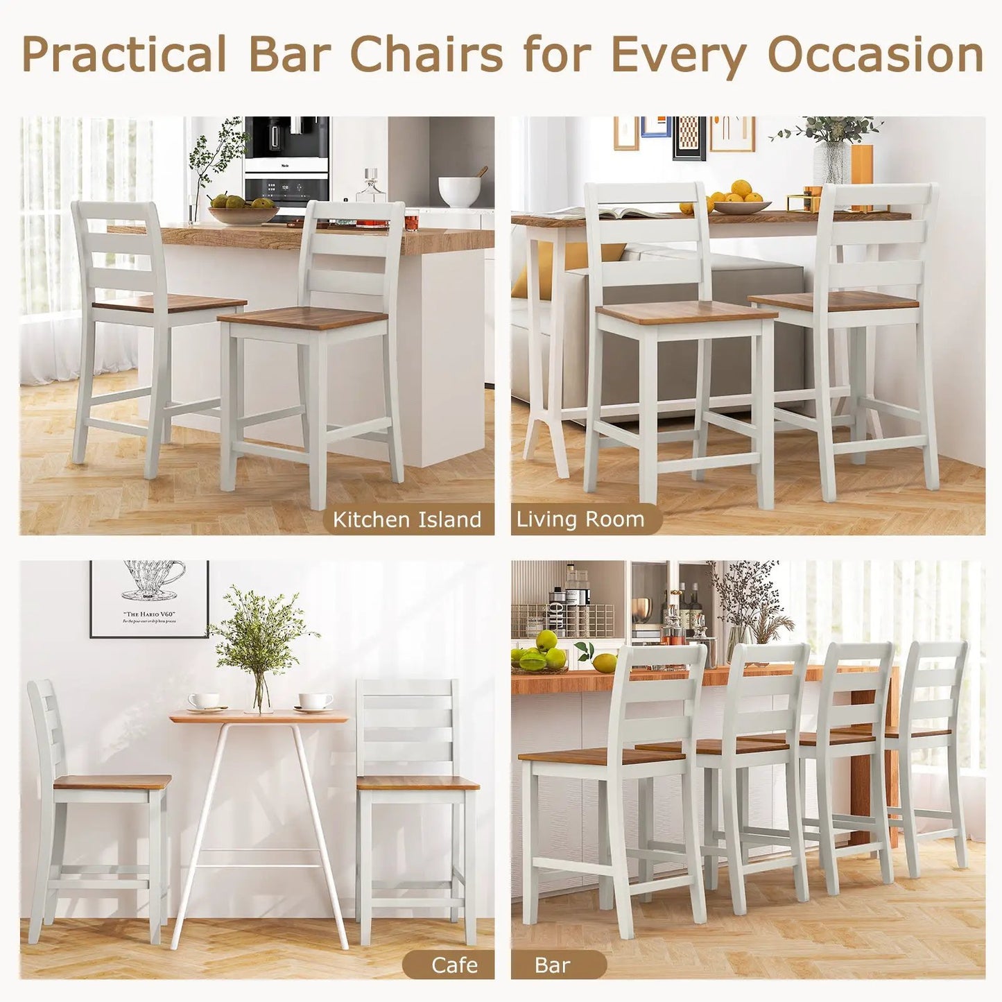 Set of 2 white counter bar stools with natural wood seats and footrests on Tampa Home & Garden Store