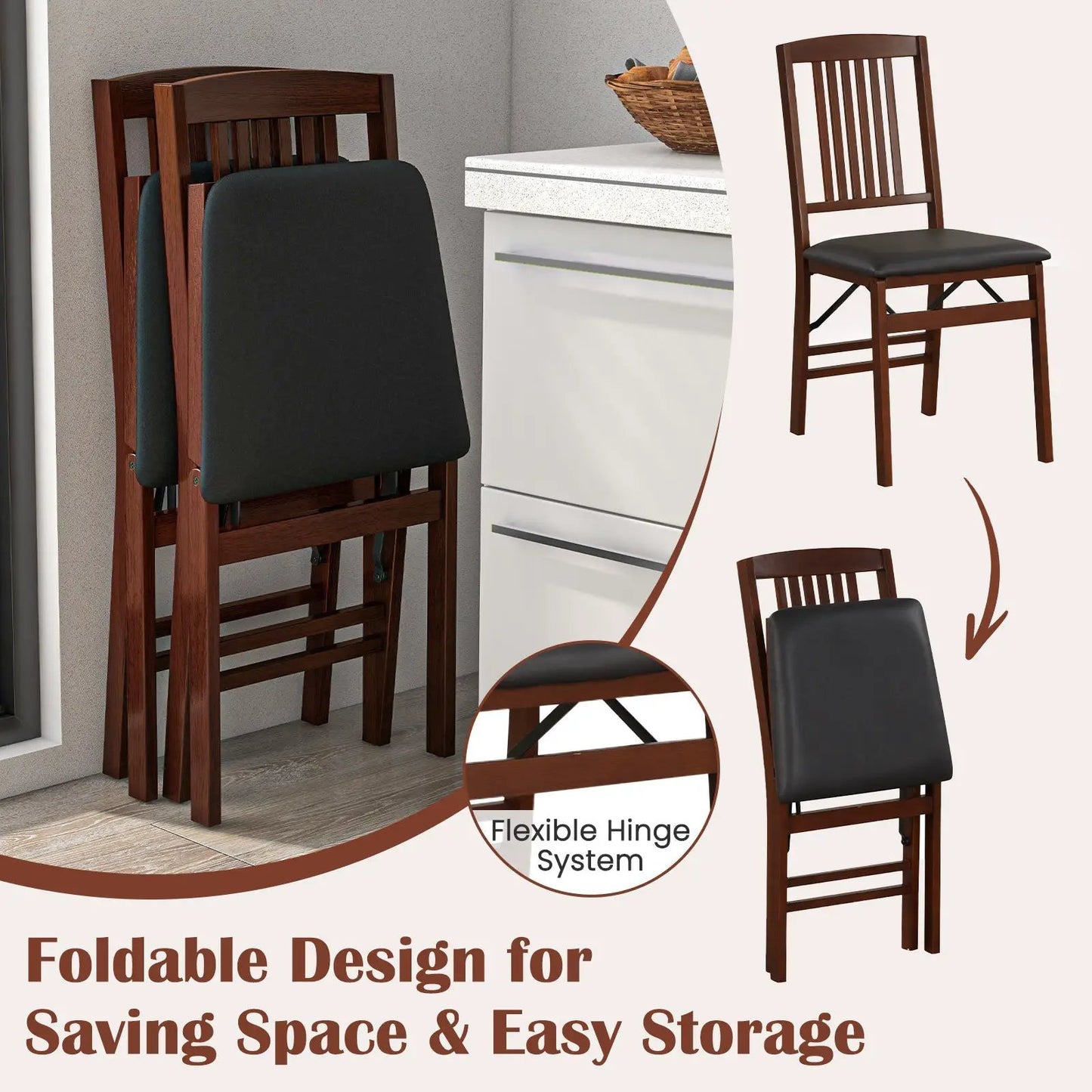 Set of 2 Foldable Upholstered Kitchen Chairs with Padded Seat-Brown - Tampa Home & Garden Store