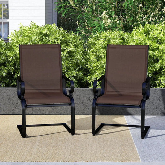 Set of 2 brown patio chairs with quick-drying mesh fabric and dark metal frames on Tampa Home & Garden Store