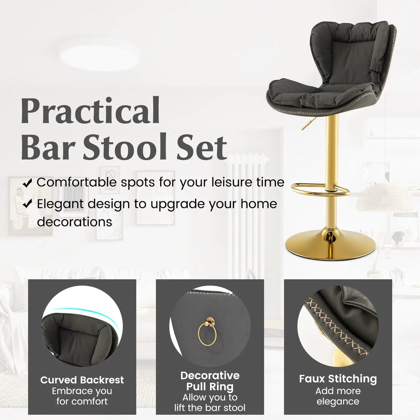 Set of 2 gray PU leather swivel bar stools with curved backs, footrests, and gold-tone bases on Tampa Home & Garden Store