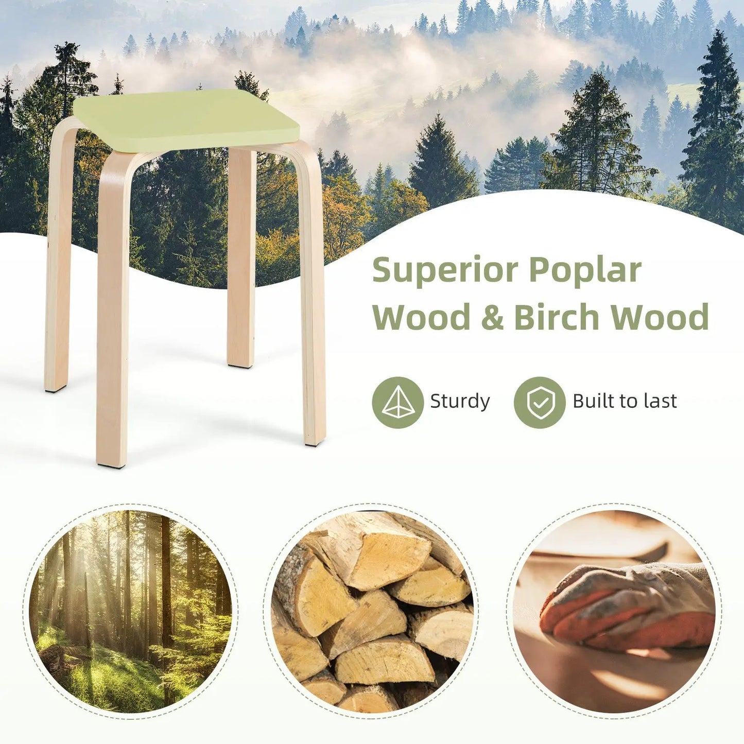 Stackable stools set of four with square green tops and wood frame DirectDeals on Tampa Home & Garden Store