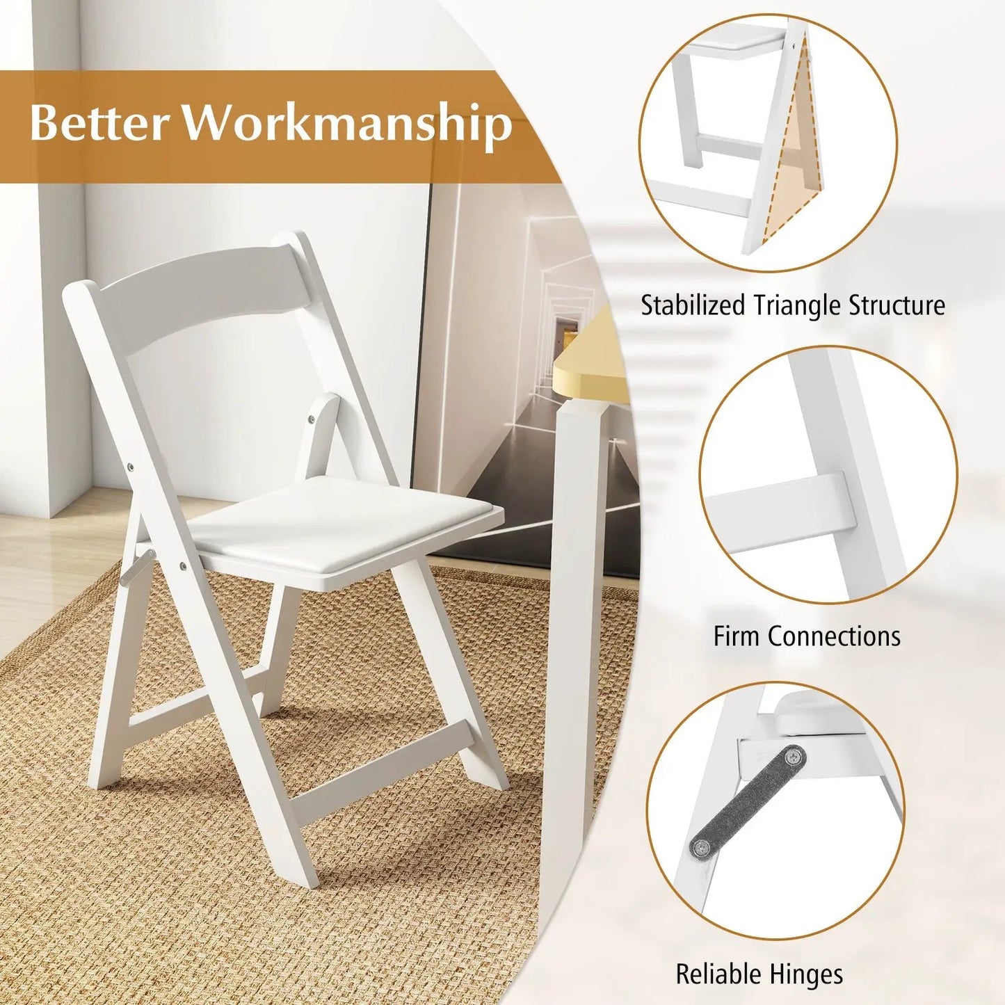 Set of 4 Dining Chairs Foldable Kitchen Chair with Rubber Wood Legs and Padded Seat-White - Tampa Home & Garden Store