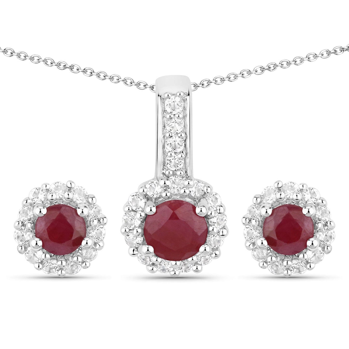Sterling silver jewelry set with ruby centers and white topaz halos, pendant and earrings on Tampa Home & Garden Store