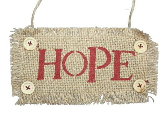 Burlap word ornament Hope with red lettering, hanging loop by The Country Christmas Loft on Tampa Home & Garden Store