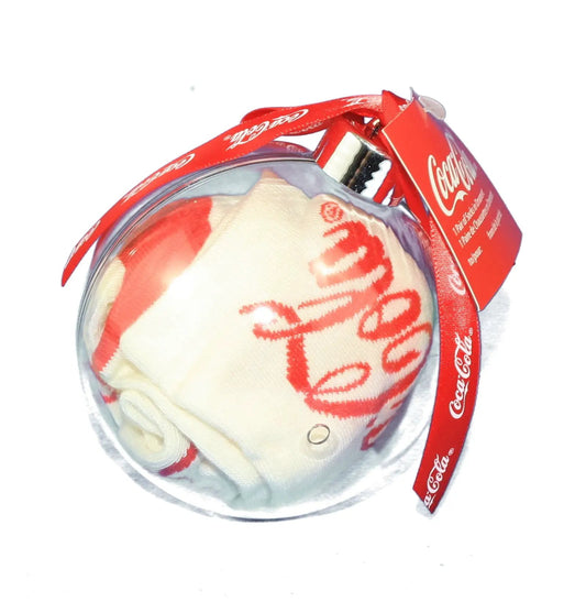 Coca Cola Socks in Acrylic Ball Ornament White with red Coca-Cola ribbon and tag on Tampa Home & Garden Store