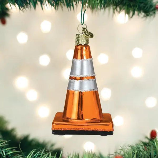 Glass Traffic Cone Ornament orange glass cone with silver bands for Christmas vehicle decor on Tampa Home & Garden Store
