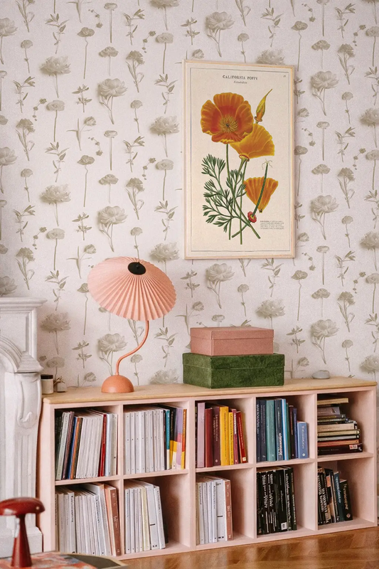 Fresh to Death Wallpaper Floral Arrangement – soft neutral beige floral pattern with pink lamp on Tampa Home & Garden Store