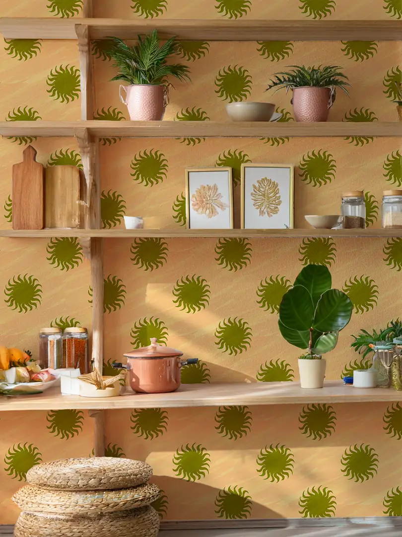 Sol Wallpaper Peach and Olive Green with olive sunburst on peach background on Tampa Home & Garden Store