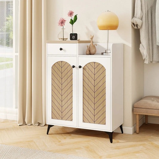 2-Door Shoe Rack With Drawer and 6 Shelves white cabinet with chevron wood doors black knobs on Tampa Home & Garden Store