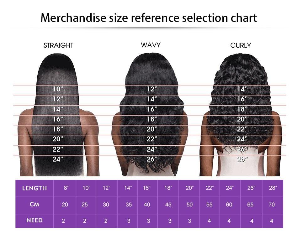 Stevvex wig size reference chart with straight, wavy, and curly back views across 8β28 in lengths on Tampa Home & Garden Store