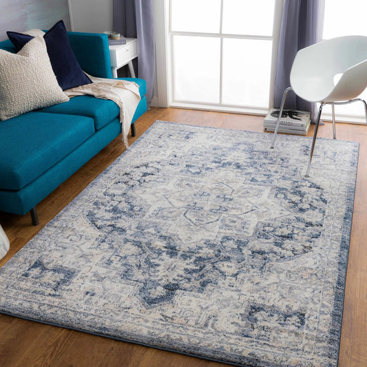 Shotts Thick Luxe Rug Cream and Denim in living room with turquoise sofa by Boutique Rugs on Tampa Home & Garden Store