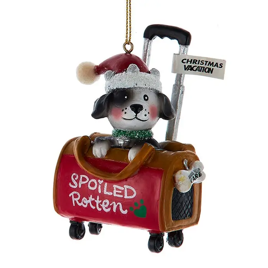 Dog travel bag ornament beagle in red wheeled tote with Santa hat Spoiled Christmas Vacation on Tampa Home & Garden Store