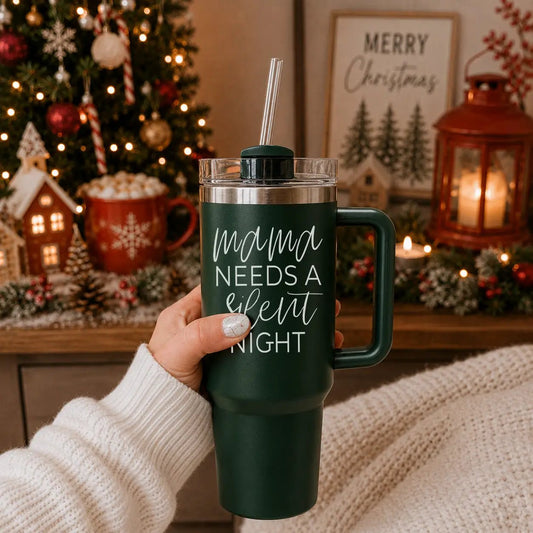 Silent Night 40oz insulated travel mug by Gia Roma, green with handle and clear straw lid on Tampa Home & Garden Store