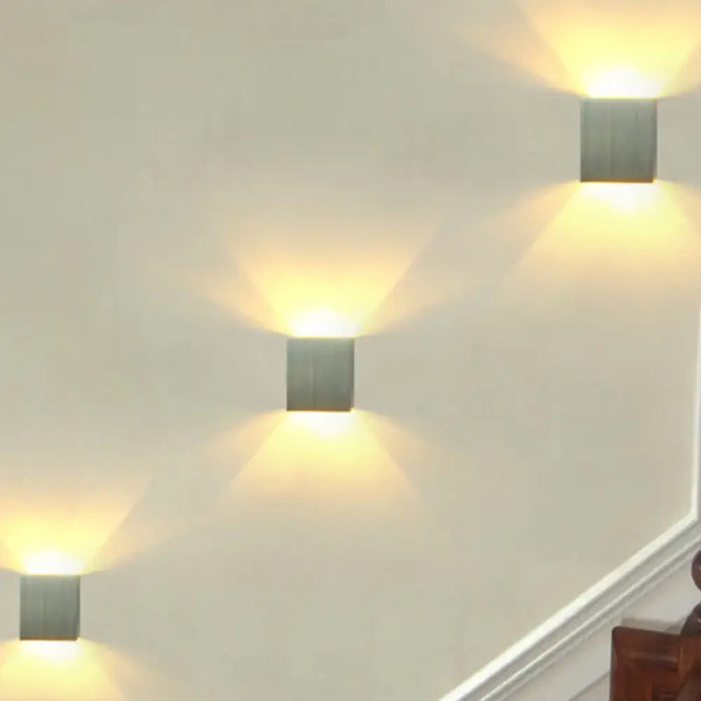 Decorbites silver square metal wall mount light sconces 3 with warm uplight and downlight on Tampa Home & Garden Store