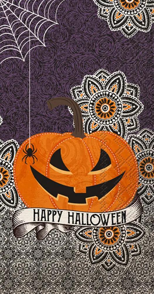 Happy Halloween Pumpkin Guest Towel with orange jack-o'-lantern on purple mandala pattern on Tampa Home & Garden Store