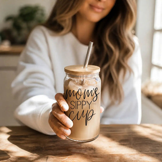 Mom's Sippy 17oz glass cup with bamboo lid and metal straw on Tampa Home & Garden Store
