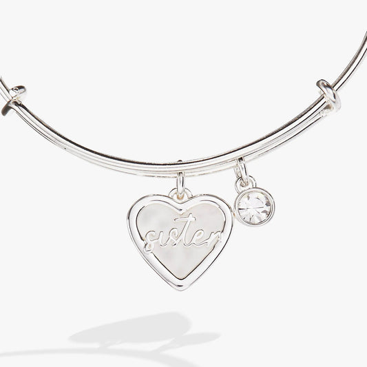 Sister Mother of Pearl Bangle by ALEX AND ANI, silver bracelet with mother-of-pearl heart on Tampa Home & Garden Store
