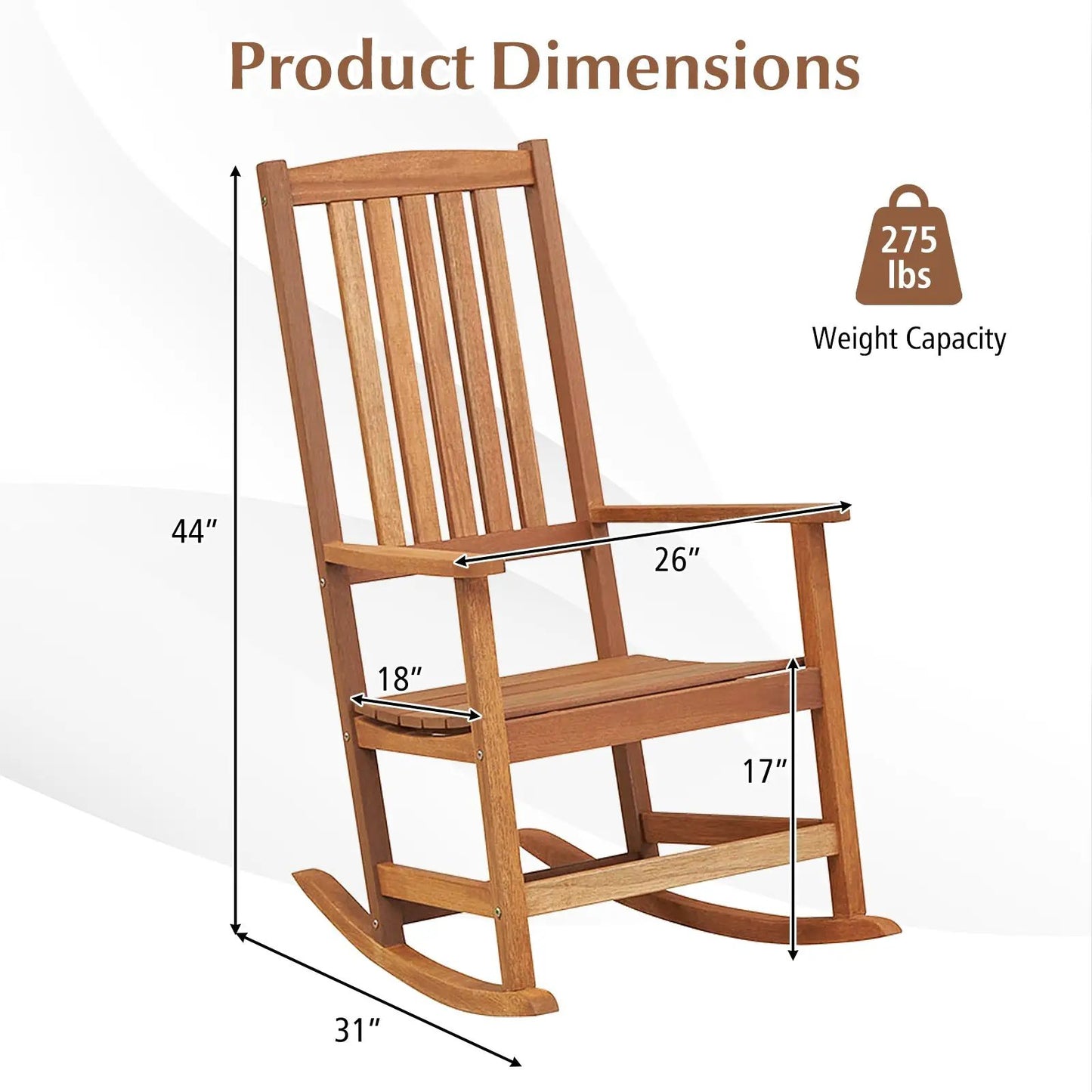Patio rocking chair with ergonomic high back in natural wood, 275 lbs weight capacity on Tampa Home & Garden Store