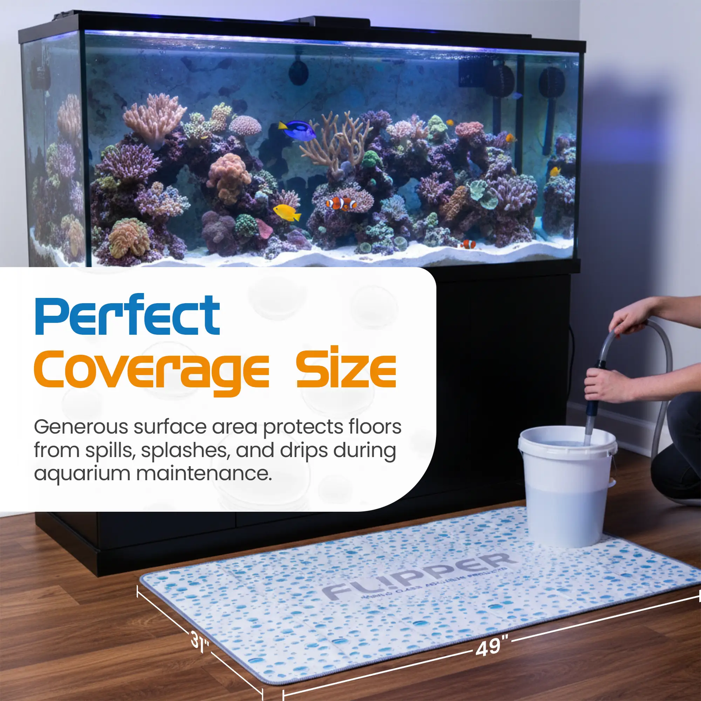 Flipper Aquarium Splash Mat blue perforated non-slip mat under coral reef tank on wood floor on Tampa Home & Garden Store