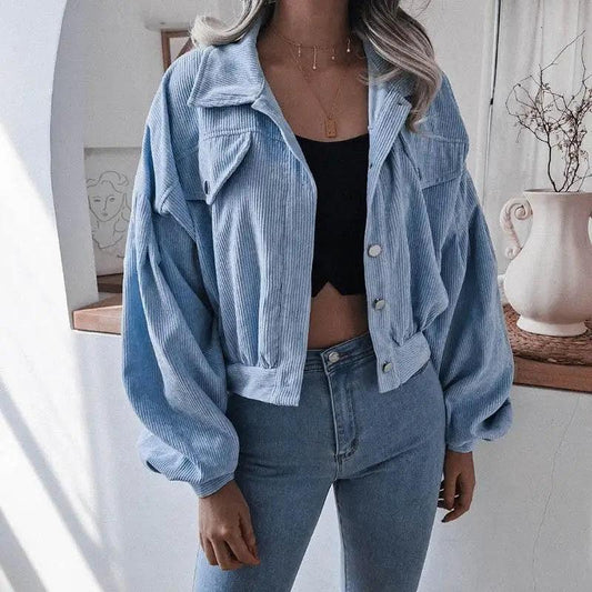 Stevvex light blue corduroy lantern trucker jacket, cropped, button-front with chest pockets on model on Tampa Home & Garden Store