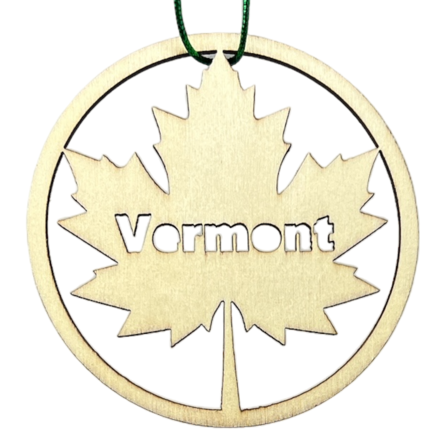 Round wooden Vermont maple leaf ornament with natural wood finish, green hanging cord on Tampa Home & Garden Store