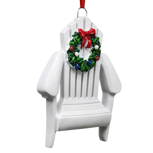 Adirondack Chair Ornament white with green wreath and red bow 4.5 in on Tampa Home & Garden Store
